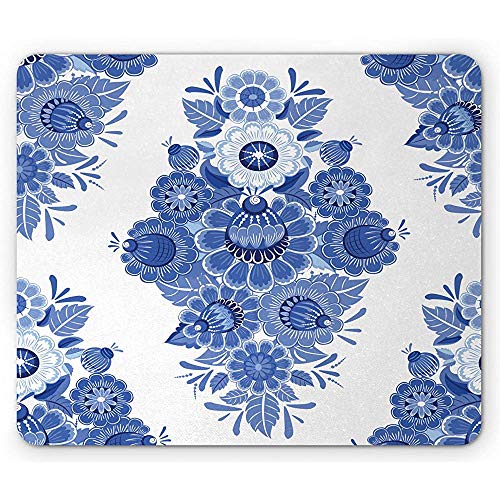 Alfombrilla de ratón Floral, Estampado de Flores de Tono frío Vintage Mosaico en una Alfombrilla de Goma Antideslizante, 25x30 cm Azul Noche Blanco