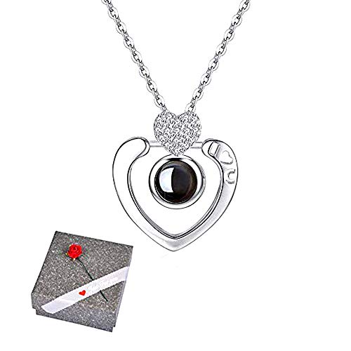 Amaza S925 Plata de Ley 100 Idiomas Te Amo Collar con Caja de Regalo de Joyería Elegante - Colgante Proyeccion Te Quiero 100 Idiomas para El Dia de San Valentin (Heart In Silver)