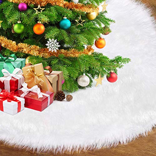 AmzKoi Falda de árbol de Navidad de Felpa Blanca Falda de árbol de Piel Sintética de Lujo, Decoraciones Navideñas Utilizadas para Cubrir la Parte Inferior de un árbol de Navidad (diámetro: 120 cm)
