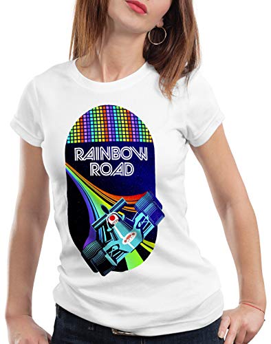 A.N.T. Rainbow Road Camiseta para Mujer T-Shirt Double Dash Kart Tour GP Mario, Color:Blanco, Talla:2XL