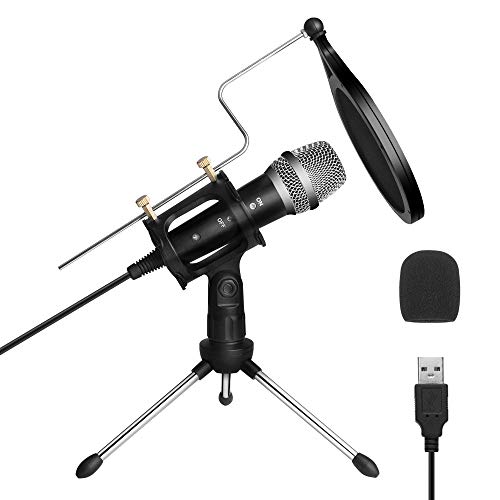 ARCHEER Micrófono PC,Micrófono USB de Condensador para Ordenador Plug & Play con Soporte Trípode & Antipop Filtro Micrófono Condensador de Metal para Grabación Vocal/Skype/Podcasting/Video de Youtube