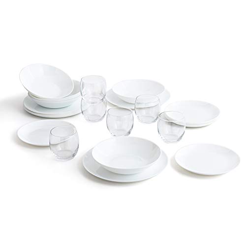 Arcopal Vajilla Blanca Completa para 6 Personas 18 Set de 6 Vasos de Vidrio 26cl, Opal, 19 Piezas Arcopal Vajilla Blanca Completa para 6 Personas 18 Set de 6 Vasos de Vidrio 26cl, Opal, 19 Piezas