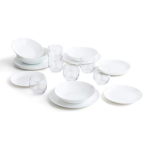 Arcopal Vajilla Blanca Completa para 6 Personas 18 Set de 6 Vasos de Vidrio 26cl, Opal, 19 Piezas