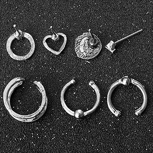 Arete 7pcs / Lot Vintage Alloy Stud Earrings Ear Clip Set para Mujeres Lovely Charms Collection Círculos en Forma de corazón Joyería giratoria