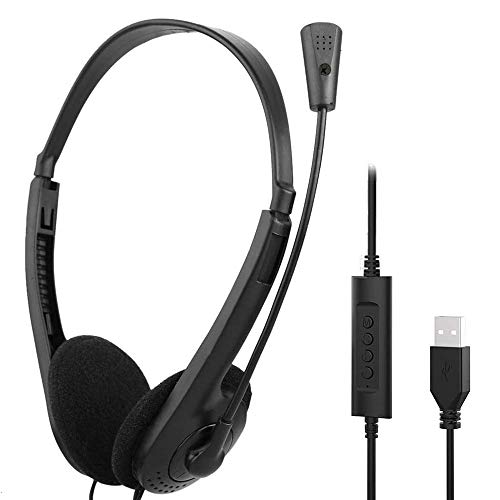 ARMYU Auriculares USB Estéreo con Micrófono Cancelación de Ruido y Controles de Audio, Auriculares Micrófono PC para Skype, Centros de Llamadas, Oficinas, Llamadas de Conferencias