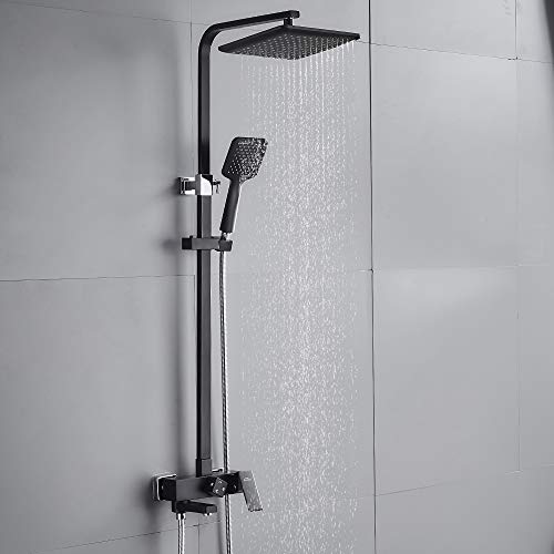 AuraLum Set de Ducha con Grifo, Columna Ducha Altura Ajustable 85-120cm con 3 Funciones Ducha de Mano y XXL Ducha de Lluvia, Square Negro Sistema de Ducha