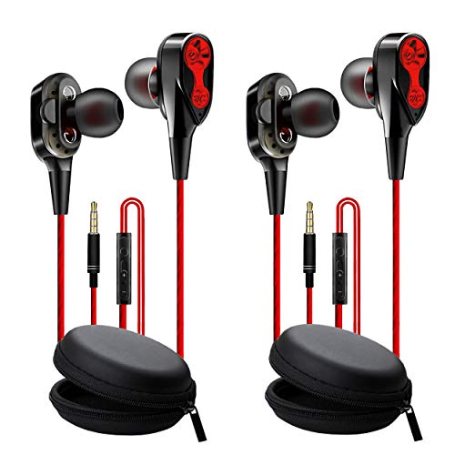 Auriculares con microfono movil Pack 2 uds Deportivos in Ear Dual Dynamic Drivers in-Ear Estereo Auriculares con Cable 120 cms Control de Volumen cancelacion de Ruido Doble Altavoz Rojo Negro