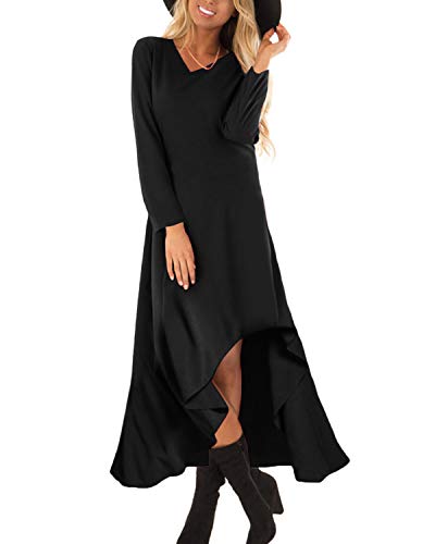Auxo Mujer Vestido Negro Largo Elegante Vestidos Color Liso con Manga Larga Asimétrica de Fiesta Cóctel Boda Invierno 03-Negro XL