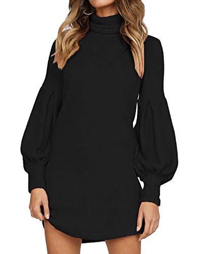 Auxo Vestido Negro a Punto Cuello Alto Suéter Larga Elegante Clásico para Mujer Jerséy para Otoño Invierno B-Negro XXL