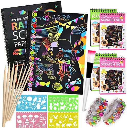 AYUQI Scratch Art Paper Notebook, Manualidades para niños, scratch art para niños, juego manualidades, plantillas para dibujar niños, DIY Kit con Regla de Dibujo y Plumas de Madera