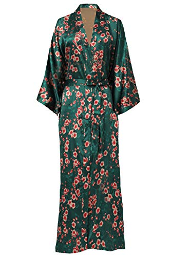 BABEYOND Kimono Floral Largo Bata Novia Kimono de Seda Túnica de Satén 1920s Ropa de Dormir Despedida de Soletera 135cm/53(Verde Oscuro)