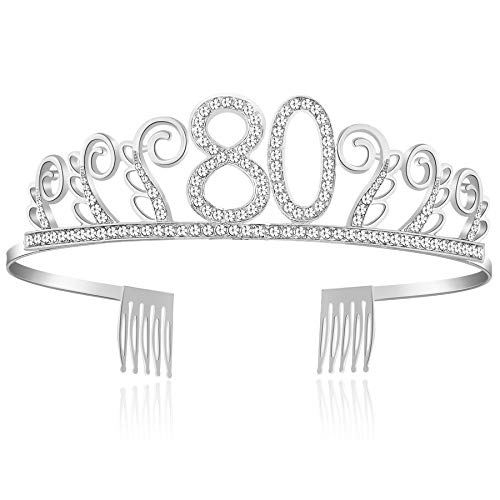 BABEYOND Tiara de cumpleaños de cristal, corona de princesa, accesorio para el pelo, color rosa o plateado, diamante feliz 18/20/21/30/40/50/60/90 cumpleaños Plata de 80 años. Talla única