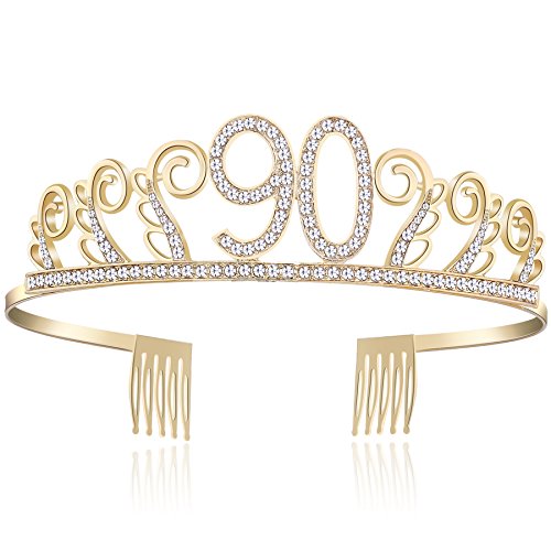 BABEYOND - Tiara de cumpleaños, diseño de princesa, color rosa o plateado, diamantes felices 18/20/21/30/40/50/60/90 Oro de 90 años. Talla única