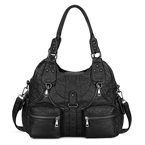 BAIGIO Bolsos de Mujer Bolso de Hombro de Cuero PU Lavadas Suaves para Mujer Gran Capacidad Bolso de Mano con Multitud de Bolsillos con Cremalleras (Negro-2) BAIGIO Bolsos de Mujer Bolso de Hombro de Cuero PU Lavadas Suaves para Mujer Gran Capacidad Bolso de Mano con Multitud de Bolsillos con Cremalleras (Negro-2)