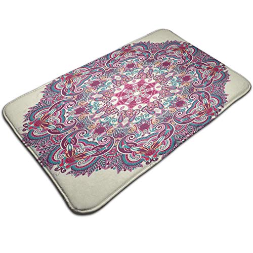 Bath Mat Non Slip，Detailed Mandala Pattern with Flower and Leaves Bohemian Theme Tribal Ethnic Art，Ultra Absorbent Bathroom Rug