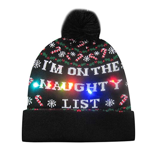 BaZheHei Gorro festivo de LED Sombrero Mujer y Hombre de Navidad Halloween que brilla intensamente de fibra óptica Colorido Feliz Navidad LED Light-up Knit Hat Beanie Hairball Warm Cap Regalos