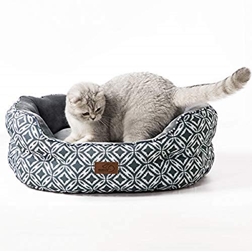 Bedsure Cama Gato Grande Estampada - Camas para Gatos Suave y Lavable, Cojin Perro Pequeño Interior y Redonda, 64x53x23 cm