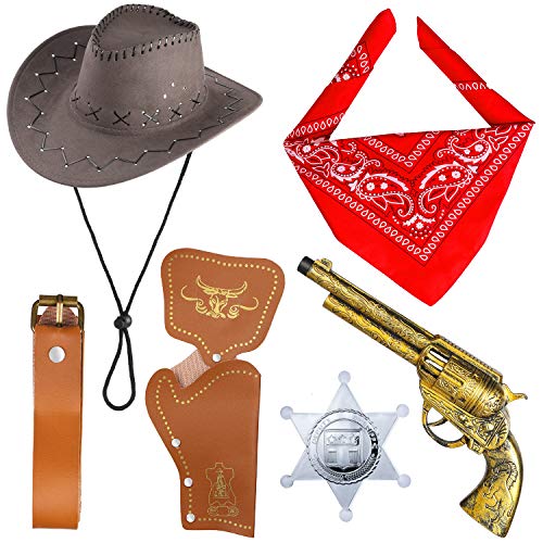Beelittle Accesorios de Disfraces de Vaquero Sombrero de Vaquero Pistolas de Juguete con Funda de cinturón Juego de Vaquero para la Fiesta de Halloween (B)