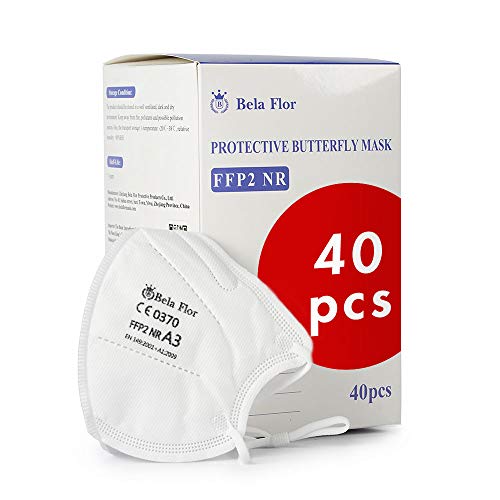 Bela Flor, 40 paquetes FFP2, 5 Capas Respirator, Media máscara de filtrado de partículas, Diadema, diseño ligero cómodo, ajustable, 94% Filtración, certificado CE