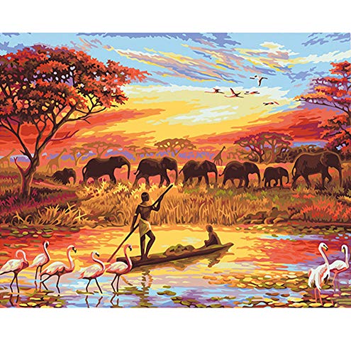 BERYART DIY Pintura al óleo, Kit de pintura por número para adultos principiante - Manada de elefantes 40,6 x 50,8 cm (sin marco)