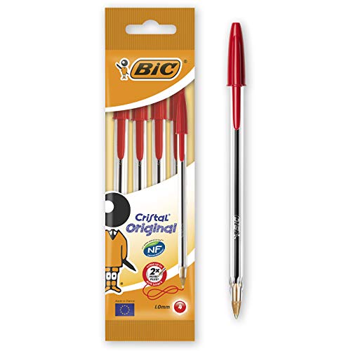 Bic Cristal Original - Bolígrafo de punta redonda, color rojo, pack de 4 unidades