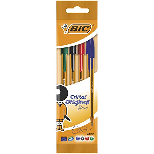 BIC Cristal Original Fine - Bolígrafos punta fina (0.8 mm), Blíster de 4 unidades, Colores Surtidos BIC Cristal Original Fine - Bolígrafos punta fina (0.8 mm), Blíster de 4 unidades, Colores Surtidos