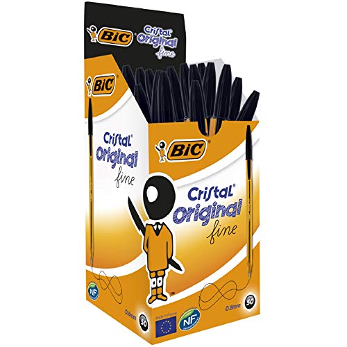 BIC Cristal Original Fine - Bolígrafos punta fina (0.8 mm) Caja de 50 unidades, Color Negro (872731)