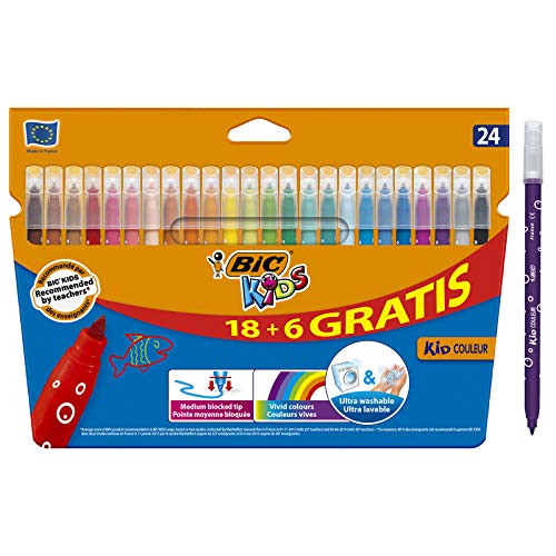 BIC Kids Kid Couleur rotuladores punta media - Colores surtidos, Caja de 18+6 – paquete de rotuladores lavables para niños, 24 colores llamativos, actividades creativas en casa y colegio