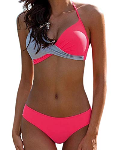 Bikini Elegante Traje de Baño Conjunto Bañador Halter Sexy Sólido para Mujer Ropa de Playa Traje de Baño Bikini Sets Talla Grande (Rosa, S)