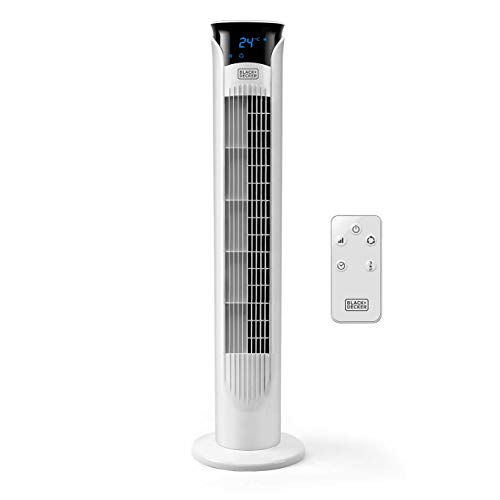 Black+Decker – BXEFT48E Ventilador de torre digital oscilante y silencioso con mando a distancia. 81cm de altura. 3 velocidades. 3 modos. Temporizador 12h. Temperatura ambiente. Potente. Blanco.