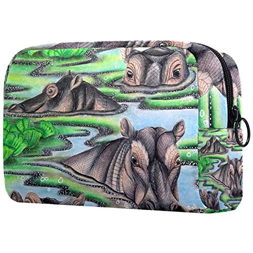 Bolsa de cosméticos para mujeres, animales tropicales rinocerontes Unicornis en el río, bolsas de maquillaje accesorios organizador regalos