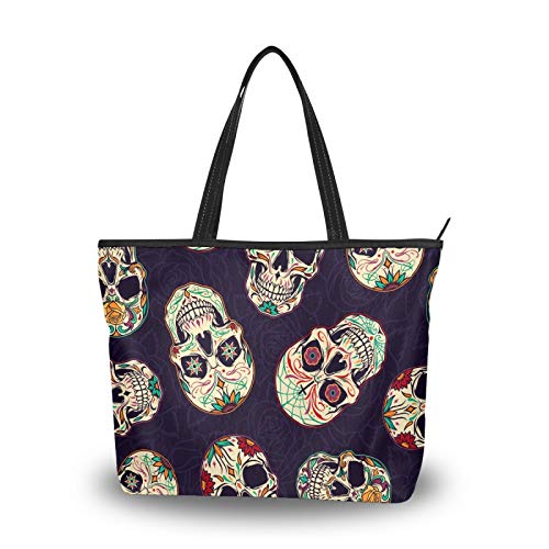 Bolsa de la compra con cremallera, estilo vintage de Dia de Los Muertos, con calavera, grande, reutilizable, con asa superior, para la escuela, trabajo, gimnasio, playa, viajes al aire libre