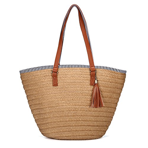 Bolsa de Playa de Paja, JOSEKO Bolsos de Verano Bolsa de Hombro Totalizador con Asas de Cuero borlas Bolso de Mujer Adecuado para Viajes de Vacaciones Compras Playas y Uso Diario Bolsa de Playa de Paja, JOSEKO Bolsos de Verano Bolsa de Hombro Totalizador con Asas de Cuero borlas Bolso de Mujer Adecuado para Viajes de Vacaciones Compras Playas y Uso Diario