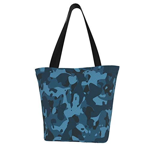 Bolsas de compras reutilizables de camuflaje militar de soldado en azul, bolsas de comestibles reutilizables y reciclables para lavar a máquina, parte inferior plana de poliéster