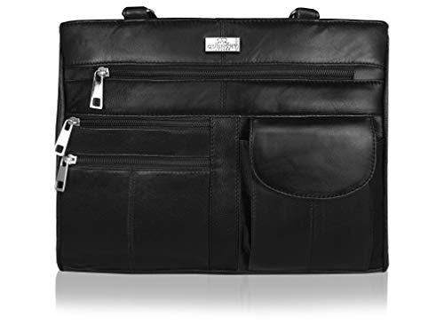 Bolso de Cuero para Mujer en Suave Cuero Negro - Bolso de Hombro con 2 Asas 8 Bolsillos 2 Secciones Principales Grandes con Cremallera - Bolsos de Mano de Mujer de Tamaño Medio - Quenchy London QL173