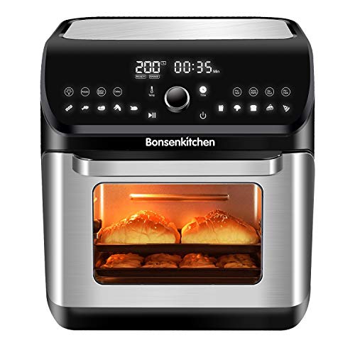 Bonsenkitchen Freidora sin Aceite 10L, 1500W Horno de Aire con 10 programas, Pantalla LED Táctil, Temperatura y Tiempo ajustable, Freidora de Aire Caliente con 6 Accesorios Gratis y Recetas