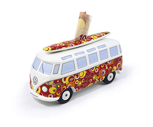 Brisa VW Collection - Volkswagen Furgoneta Hippie Bus T1 Van Hucha Vintage de Cerámica en Caja de Regalo, Caja de Dinero Reutilizable, Alcancía como Souvenir (Escala 1:18/Círculos/Rojo)