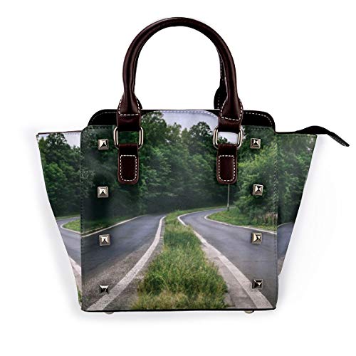 BROWCIN Camino giratorio Bosque suburbano Sección curva de dos vías Maleza Escena de la naturaleza del verano tardío Desmontable Moda Tendencia Bolso de las señoras Bolso de hombro