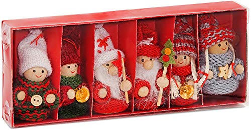 Brubaker Juego de 6 duendes navideños de madera y punto, colgante para árbol de Navidad, 8 cm, en caja de regalo, color rojo