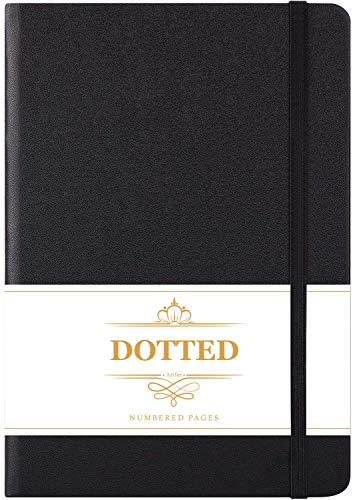 Bullet Journal Puntos - Libreta de puntos, diario punteado con 124 páginas numeradas, cuero sintético liso negro, 13x21.5cm