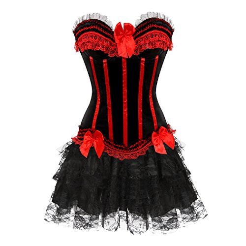 Burlesque Corset Lace up Satin Padded Cup Bustier Plus Fancy Mini Tutu Skirt Set Red-L-Black