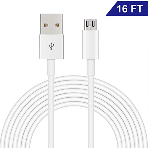 Cable Micro USB de Dericam para cámaras de Seguridad domésticas y teléfonos/tabletas móviles Android, 5V 1A, 5 metros/16 pies, Transferencia de Datos USB 2.0 de Alta Velocidad y Carga rápida, Blanco