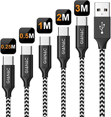 Cable USB Tipo C, 5Pack[0.25M 0.5M 1M 2M 3M] 3A Cargador USB Tipo C Nylon Trenzado Cable USB C Carga Rápida y Sincronización de Datos para Samsung Galaxy S10 S9 S8, Huawei