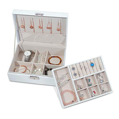 Caja Joyero Caja de Joyas con Cerradura,2 Niveles Grande Joyeros Mujer Organizador para Guardar Joyas,Pendientes,Pulseras,Anillos y Collares(Blanco) Caja Joyero Caja de Joyas con Cerradura,2 Niveles Grande Joyeros Mujer Organizador para Guardar Joyas,Pendientes,Pulseras,Anillos y Collares(Blanco)