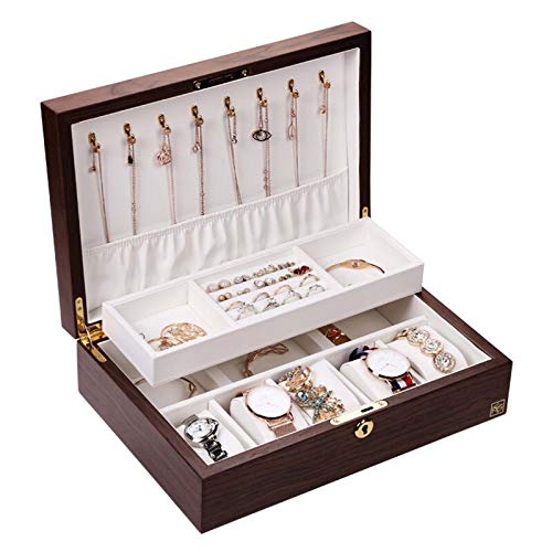Caja organizadora de joyas para mujeres niñas Caja de almacenamiento de exhibición de joyería de 2 capas con cerradura y llave para Anillo Pendiente Collar Reloj Pulsera Regalo para el amante