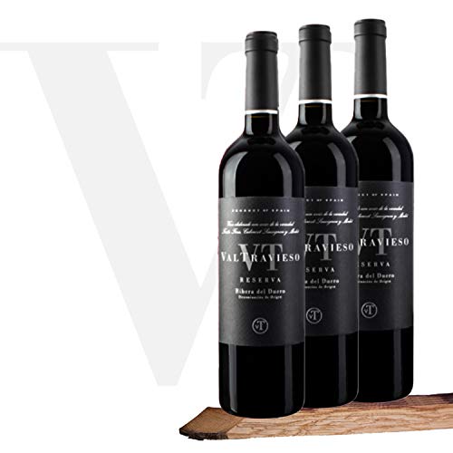 Caja Vino Tinto Valtravieso Reserva Premium - Estuche Regalo Vino Ribera del Duero Tinto Fino (80%), Cabernet Sauvignon (10%) y Merlot (10%) - Pack de 3 Botellasx750 ml