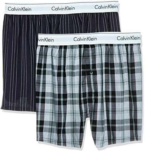 Calvin Klein Boxer Slim 2pk, Negro (Ryan Stripe D Well/Hickory Plaid B JKZ), Medium (Pack de 2) para Hombre