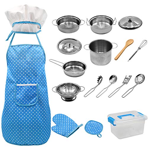 Camidy 18 Unids/Lote Juguete de Cocina para Niños Juego de Cocina para Niños Utensilios de Cocina Utensilios de Cocina Delantal Juego de Sombrero Suministros para Cocinar para Niños