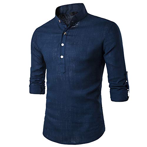 Camisa de manga larga para hombre, cuello alto, lino, corte ajustado, jersey Blau2 XL