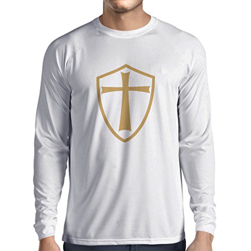 Camiseta de Manga Larga para Hombre Caballeros Templarios - Escudo de los Templarios (Medium Blanco Oro)